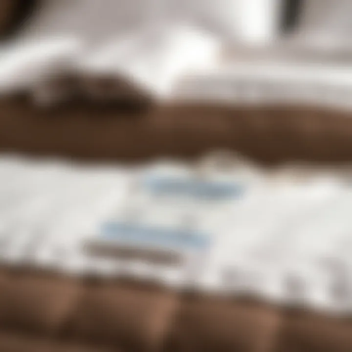 A close-up of bedding tags with price comparisons