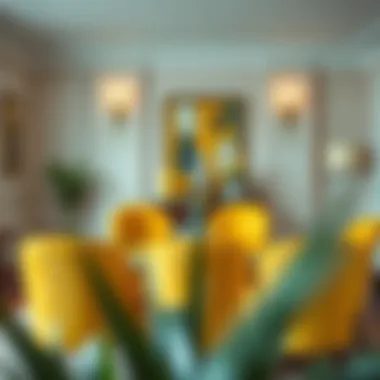 Stylish dining room with yellow velvet chairs and chic decor