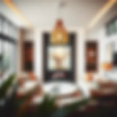 A stylish living room featuring bamboo pendant lighting