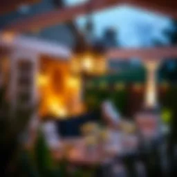 Elegant battery operated patio chandelier illuminating an outdoor dining area