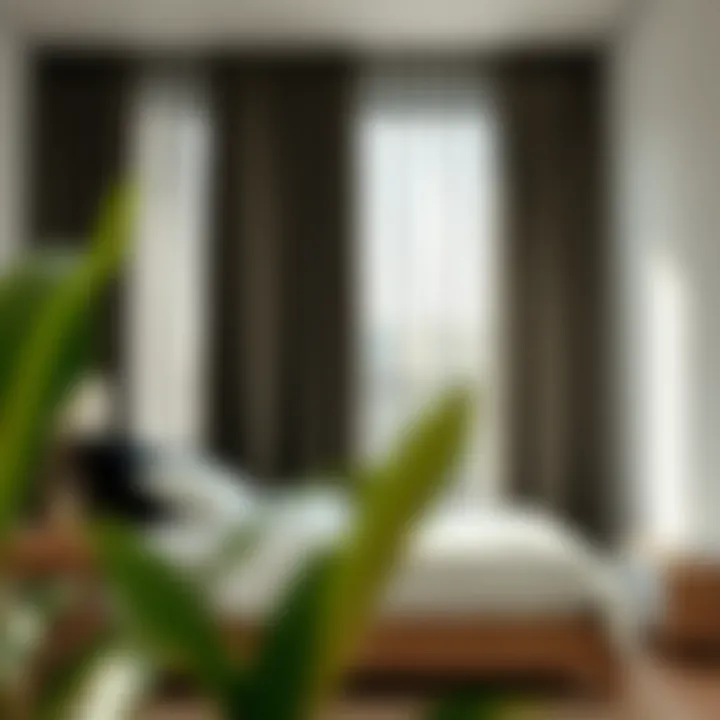 Stylish bedroom with blackout curtains enhancing comfort