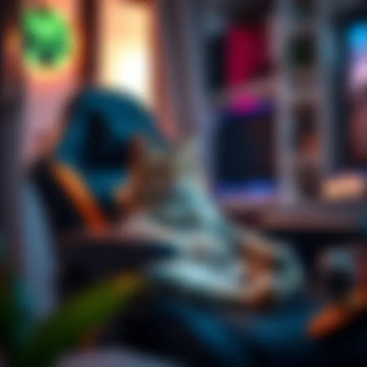 A cozy cat gaming chair with colorful designs