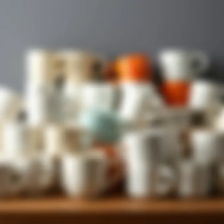 Assorted plain coffee mugs in various sizes and shapes arranged artfully