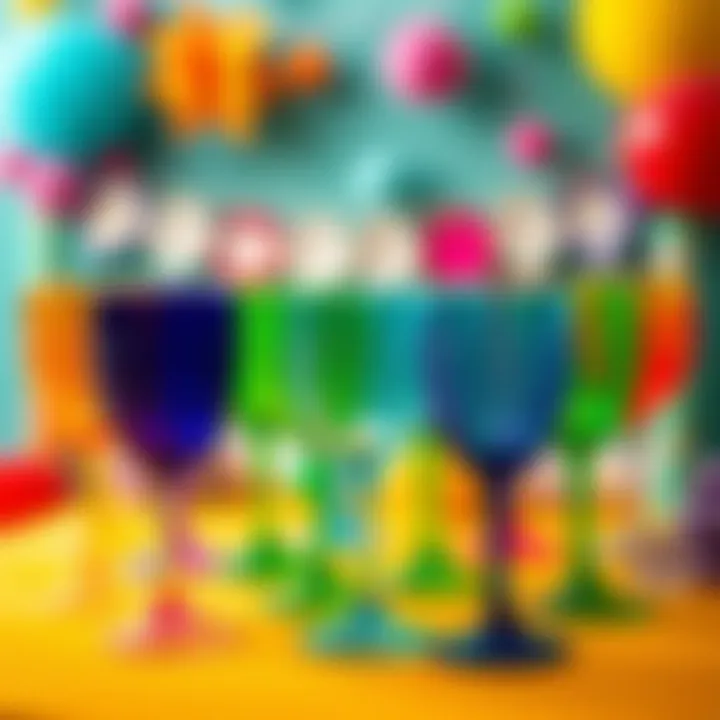 Colorful display of patterned wine glasses set against a festive backdrop.