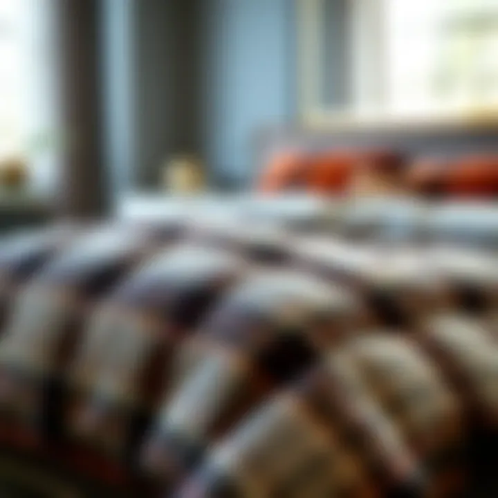Elegant plaid down comforter draped on a stylish bed