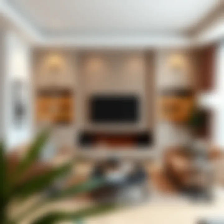 A living room featuring 16-inch shelf units integrated into the decor