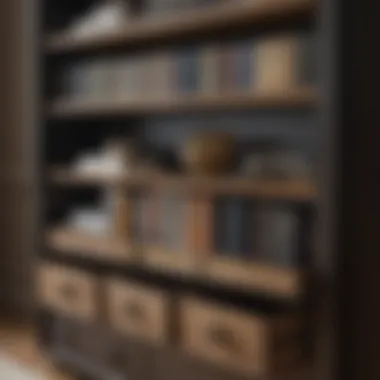 Close-up view of drawers in an etagere bookcase highlighting storage options