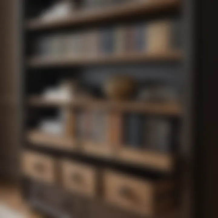 Close-up view of drawers in an etagere bookcase highlighting storage options