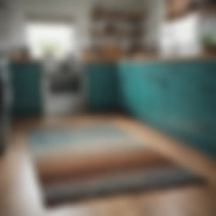 Teal and brown rug complementing modern kitchen design