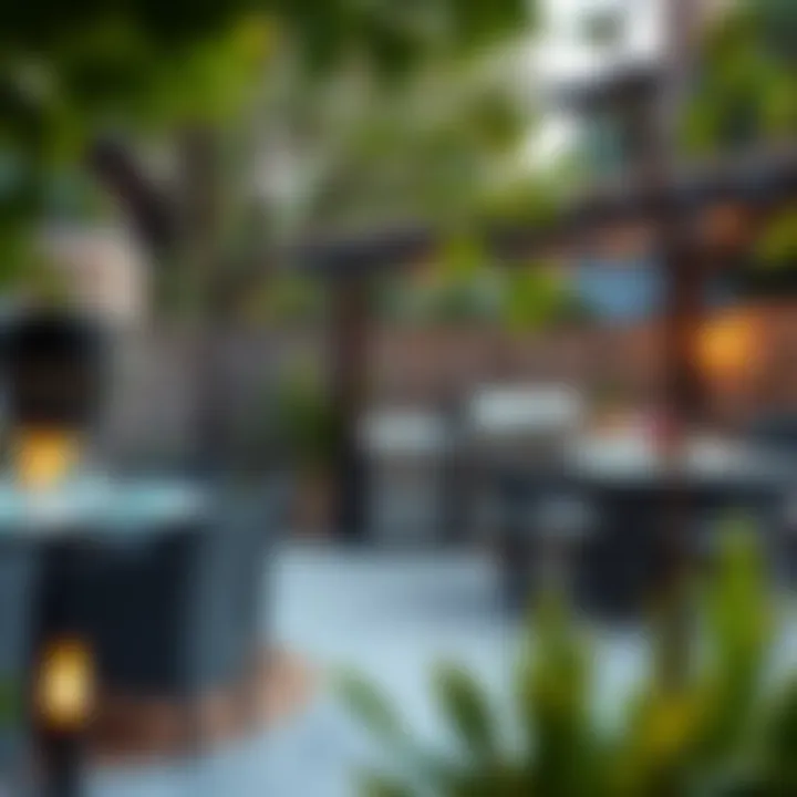 A beautifully arranged outdoor area with a barbecue island as the centerpiece