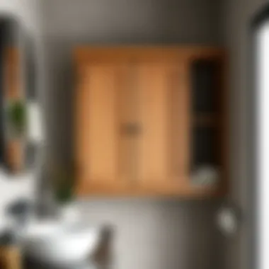 Rustic wooden wall cabinet in bathroom setting