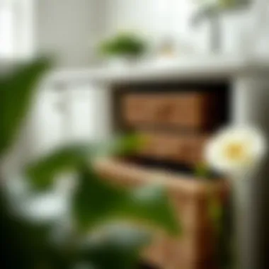 Stylish arrangement of wicker drawers beside a vanity