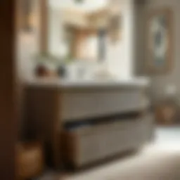 Elegant wicker storage drawer in a modern bathroom setting