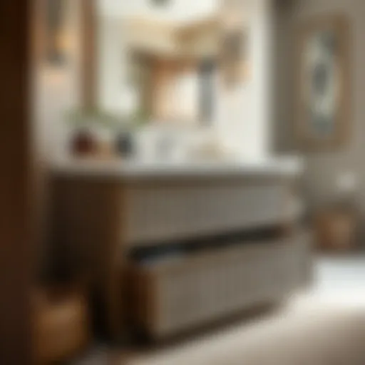 Elegant wicker storage drawer in a modern bathroom setting