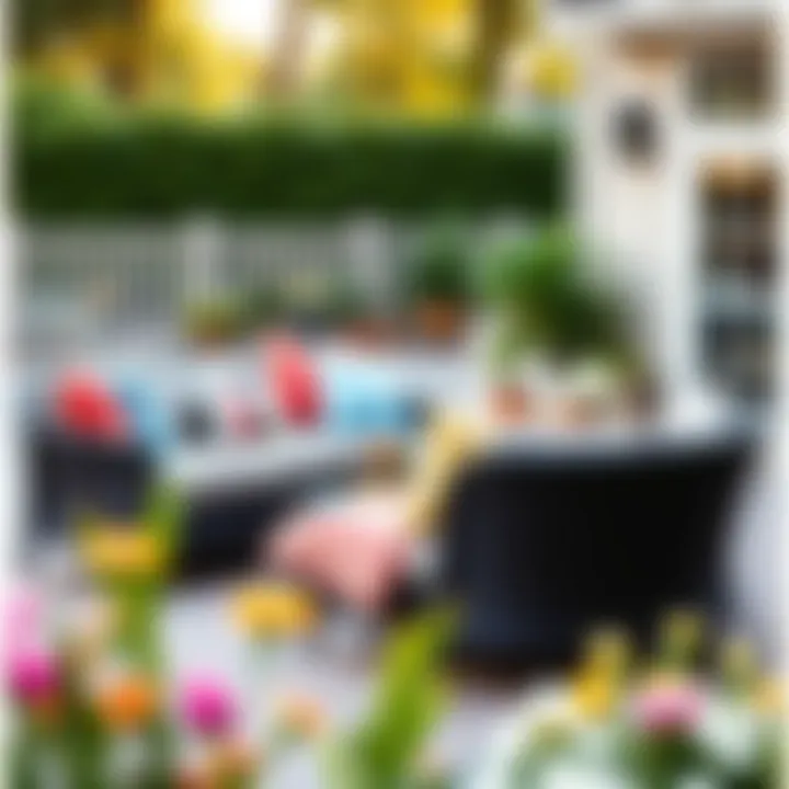 Stylish black wicker sectional paired with vibrant outdoor cushions.