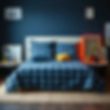 Stylish bedroom with blue plaid bed sheets