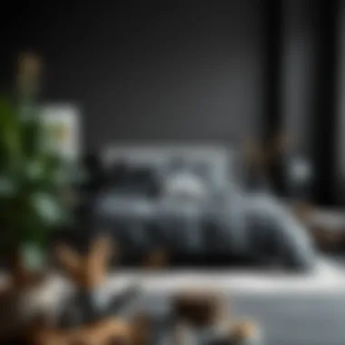 A serene bedroom featuring a cohesive dark gray theme