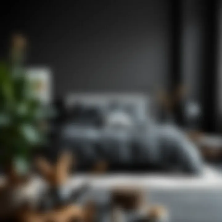 A serene bedroom featuring a cohesive dark gray theme