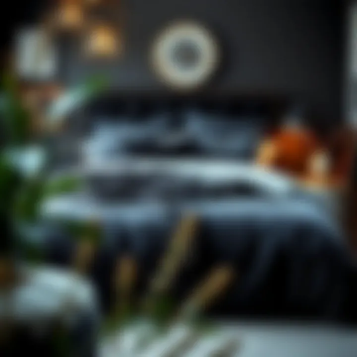 Dark gray bedding styled with complementary decor elements