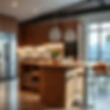 Functional Kitchen Island Features Functional kitchen island with storage solutions and seating area