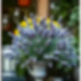 A beautifully arranged faux outdoor lavender plant in a garden setting.