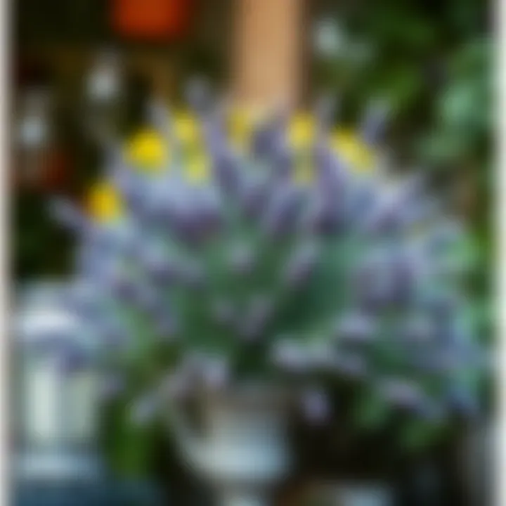 A beautifully arranged faux outdoor lavender plant in a garden setting.