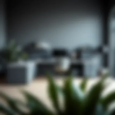 Elegant gray L-shaped office desk in a modern workspace.