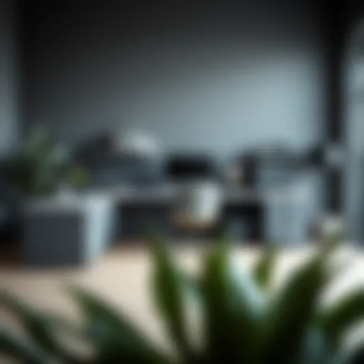 Elegant gray L-shaped office desk in a modern workspace.