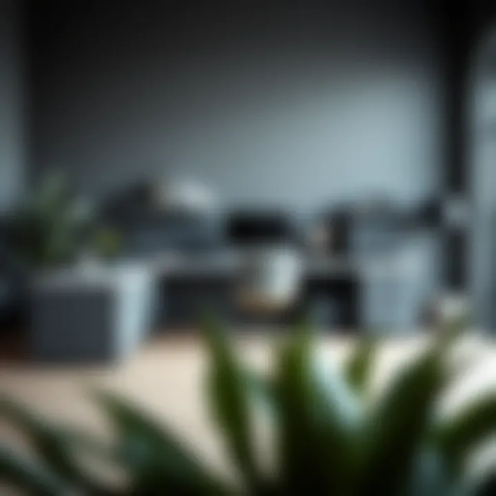 Elegant gray L-shaped office desk in a modern workspace.