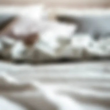 Close-up of luxurious fabric textures in grey and white bedding