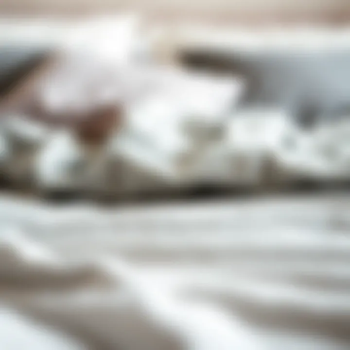 Close-up of luxurious fabric textures in grey and white bedding