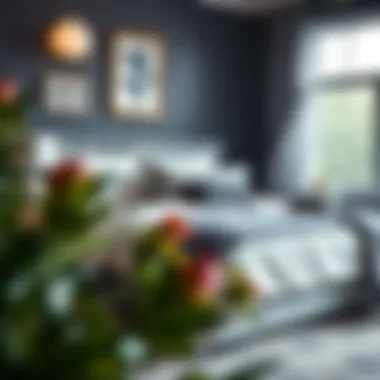 Stylish bedroom featuring grey and white bedding complemented by decorative pillows