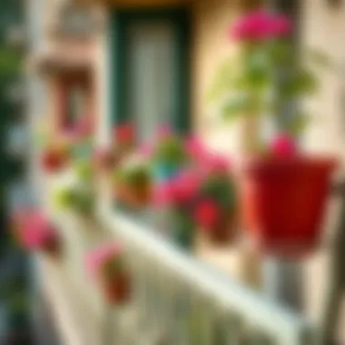 Vibrant flower pots mounted on a balcony railing