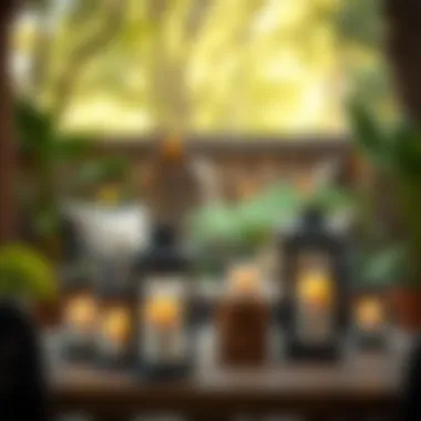 An outdoor setting featuring rustic lantern pillar candle holders creating a warm ambiance