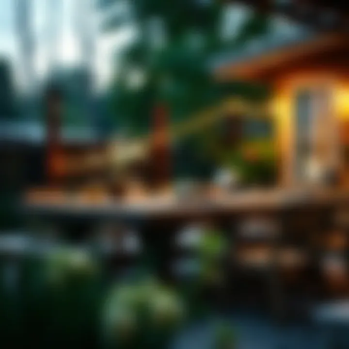 Rustic wooden outdoor dining table with ambient lighting