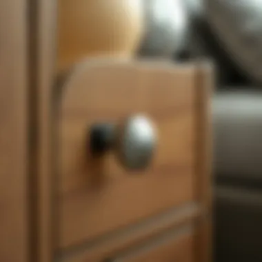 Close-up view of locker style nightstand showcasing unique material textures