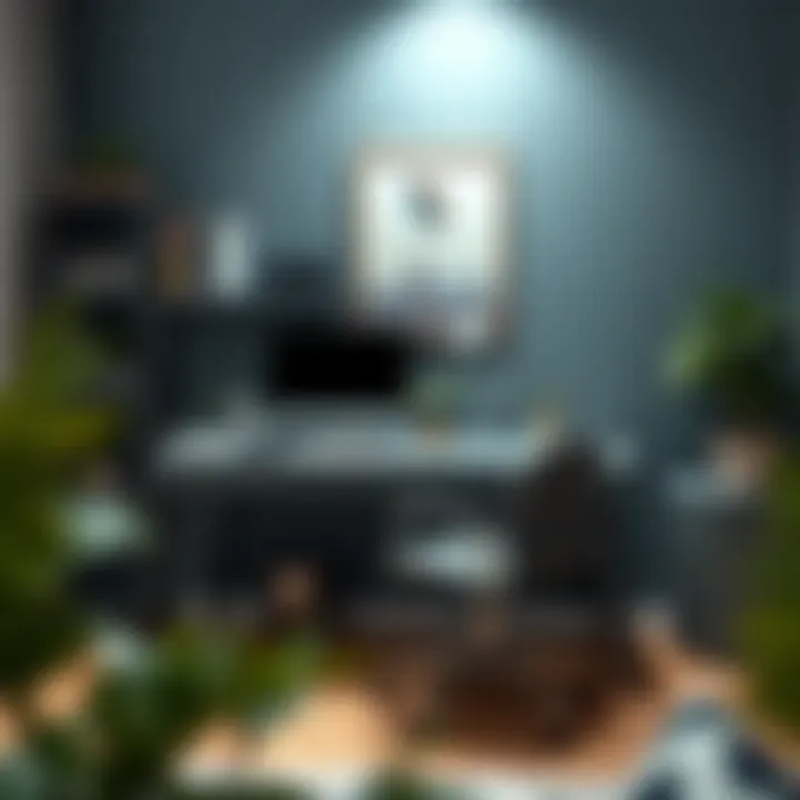 Inviting Workspace with Gray Desk A cozy workspace with gray desk and decor elements