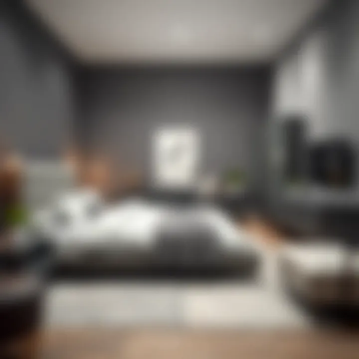 Minimalist Bedroom Featuring Gray Furniture Gray furniture pieces in a minimalist bedroom design