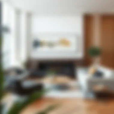 A modern living room featuring strategically placed oblong wall art.