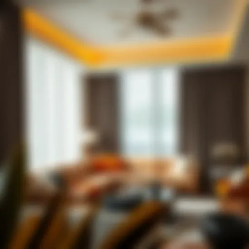 Elegant living room showcasing orange and gray curtains