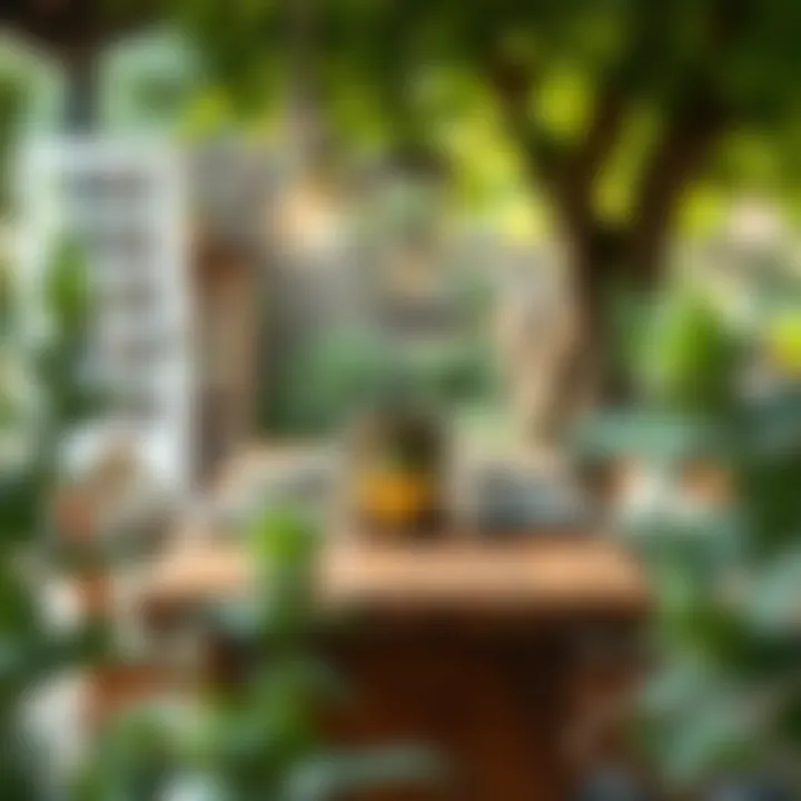 Rustic Charm in Outdoor Dining Rustic outdoor dining table surrounded by lush greenery