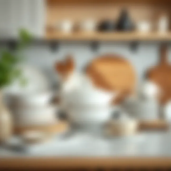 Stylishly arranged porcelain baking dishes on a kitchen counter