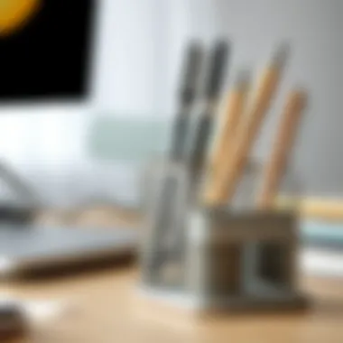 Close-up of a silver mesh pen holder and organizer