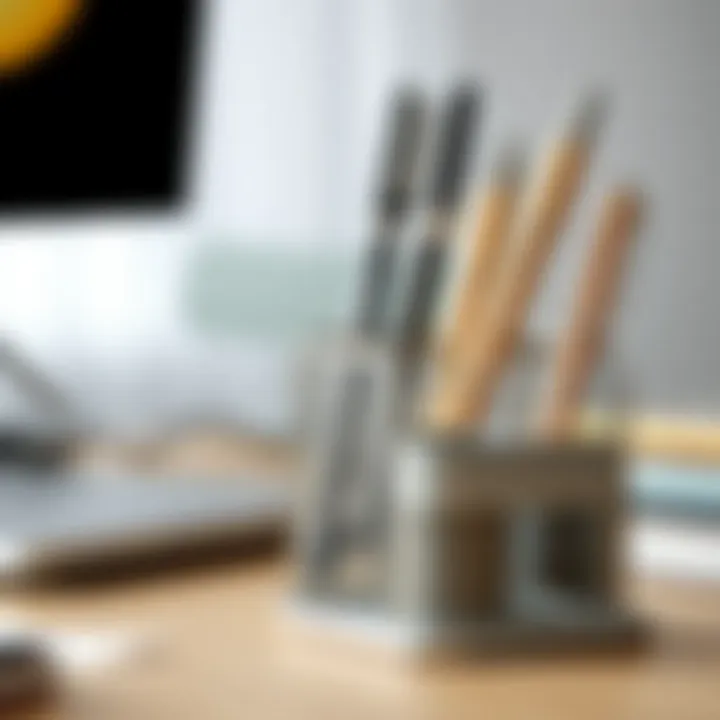 Close-up of a silver mesh pen holder and organizer