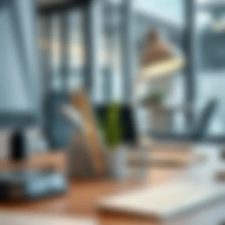 Silver mesh desk accessories integrated into a modern workspace