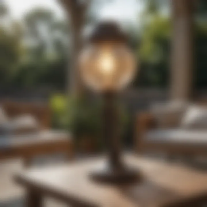 Elegant solar powered table lamp illuminating an outdoor patio