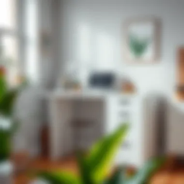 Creative studio featuring a tall white desk amidst artistic decor