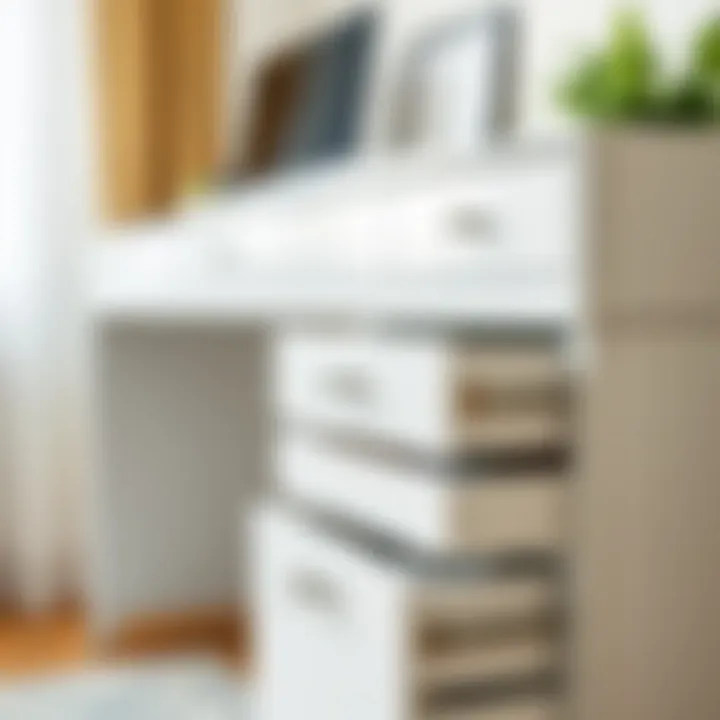 Close-up of the drawers and workspace of a tall white desk