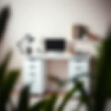 Ergonomic setup of a tall white desk with office accessories