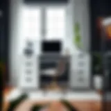 Elegant tall white desk with drawers in a modern home office setting